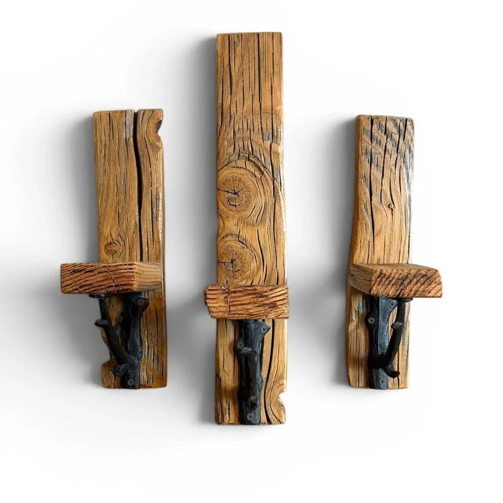 Rustic Reclaimed Wood Wall Sconce Set 3pc Floating Shelf Cast Iron‎ Branch Brown